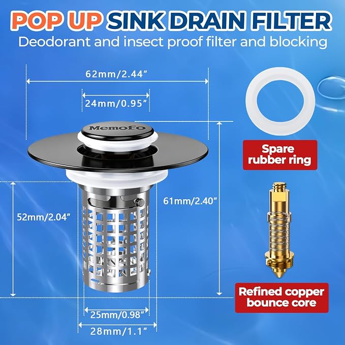 Bathroom Sink Drain Strainer (2Pack), Stainless Steel Pop-up Strainer Basket Hair Catcher with Removable Basket, Brass Bullet Core, Universal Fit 1.1-2.36 Inch