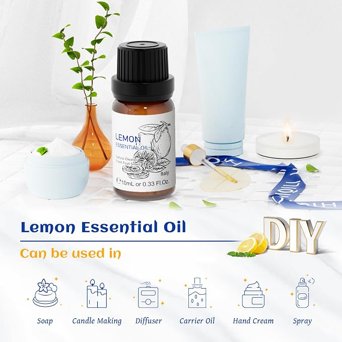 HIQILI Lemon Essential Oil, Household Cleaning, Air Purification, Skin Care, Can be Added to Cleansers, Sprays, Body Lotions Use - 0.33 Fl Oz/10ML | Cleans Air, Removes Odors and Stains, Refreshes Skin, Easy to Add to Sprays andLotions -10mL / 0.33 fl oz