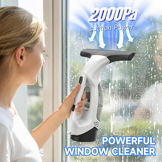 Window Vacuum Squeegee Cordless, Window Vacuum Cleaner with 2000Pa Streak-Free Suction, 30–40" Extension Pole, 11-Inch Cleaner Tool for High Windows, Shower Glass, Tiles & Mirrors