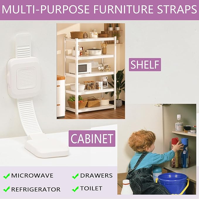 Upgraded No Drill Adhesive Furniture Anchor, Adjustable Anti Tip Furniture Wall Straps for Baby Proofing & Pets, Secure to Playroom, 2Pack