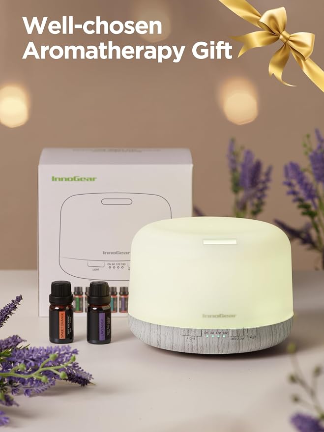 InnoGear 500ml Aromatherapy Diffuser for Home 10 Essential Oil Set, White | Gift Set, Remote Control, Automatic Shut-Off, 4 Timers, Quiet, Run up to 18hrs, Cool Mist Humidifier, Large Room, Easy to Use