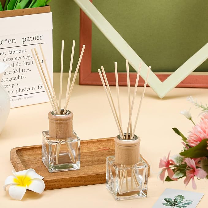 Roshtia 40 Set Reed Diffuser Bottles 50ml Glass Wooden Caps Rattan Sticks | Empty Refillable DIY Oils, Mini Square Jars Bulk, Ideal Home Office Aromatherapy Gifts, 1.7 Oz Fragrance Container