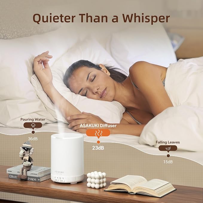 ASAKUKI Essential Oil Diffuser for Home 300 ml Quiet | Automatic Shut-Off, Aromatherapy Diffuser, 7 LED Lights for Living Room, Kitchen, Bedroom, Hotel - White Wood