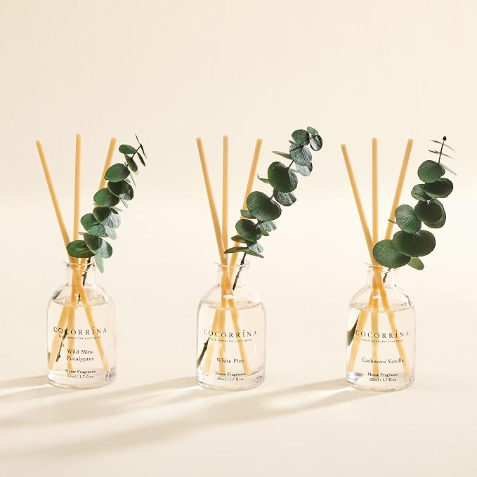 Reed Diffuser Set of 3 with Dried Eucalyptus for Home & Office | Wild Mint & Eucalyptus/White Pine/Cashmere Vanilla Scents, Aromatherapy Scented Oil Diffusers, 1.7 oz Each, Total 5.1 oz