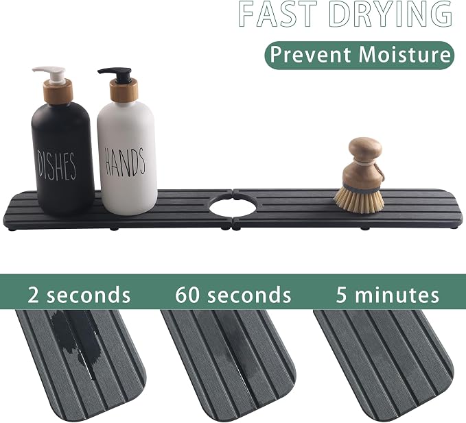 NiuYichee Faucet Mat for Kitchen Sink – Diatomite Stone Drying Mat, Absorbing Stone Tray for Bathroom Counter (Dark Gray, 23.6" x 3.9")