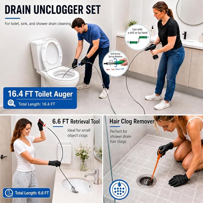 Drain Snake Clog Remover Kit, 16.4 FT Long Flexible Drain Snake Auger with Auto Feed & Drill Attachment, 79 Inch Grabber Claw, Hair Removal Tools for Kitchen Sink, Shower and Bathtub
