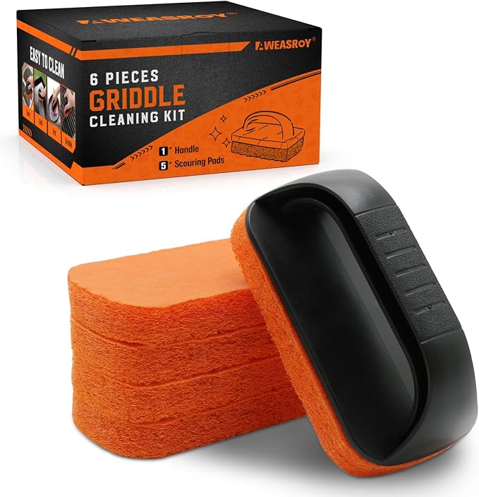 Griddle Cleaning Kit for Blackstone, Non-Scratch Scouring Pads for Kitchen | 5 Scrubber Pads and 1 Handle