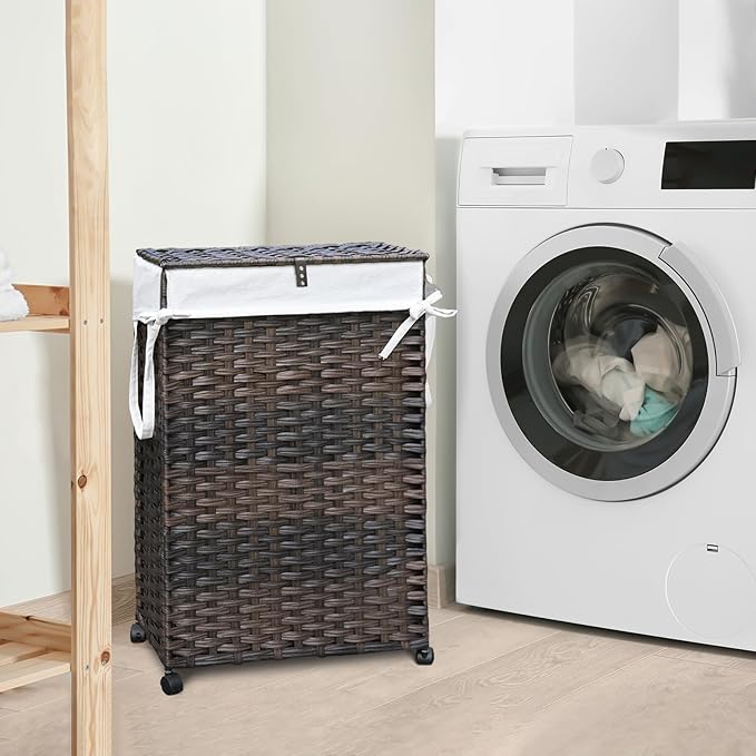 70L Slim Laundry Hamper with Lid & Wheels, 2-Park Rolling Laundry Basket with 4 Removable Liner Bags & 3 Mesh Bags, Narrow Dirty Clothes Basket, Foldable Handwoven Rattan Laundry Sorter, Brown