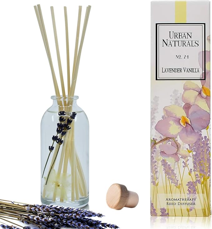 Reed Diffuser Set, Lavender Vanilla - Bathroom Shelf Décor | Room Scent Infuser with Real Lavender & Natural Flowers, Soothing Scent Makes a Great Housewarming Gift