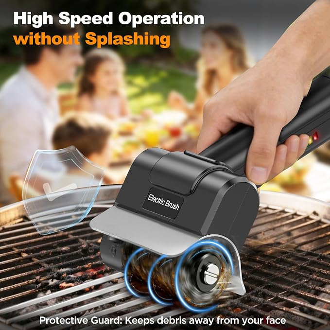 Electric Grill Brush with Dual Safety Lock, Ideal Gift for Men Dad Husband | Professional BBQ Cleaner with Submersible 304 SS Head, Splash-Proof Scrubber for Outdoor Grill (Orange Button)