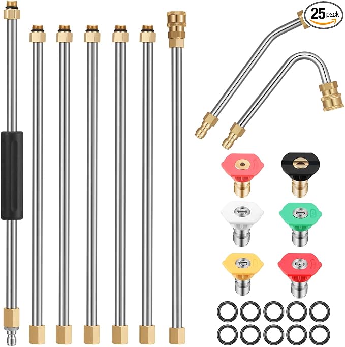 Mudder 25 Pcs 10ft Pressure Washer Extension Wand Sets for Gutter Cleaning with 7 Replacement Lance, 2 Curved Rod (30 or 120 Degree), 6 Spray Nozzle Tips, 10 O-rings, 1/4" Quick Connector, 4000 Psi