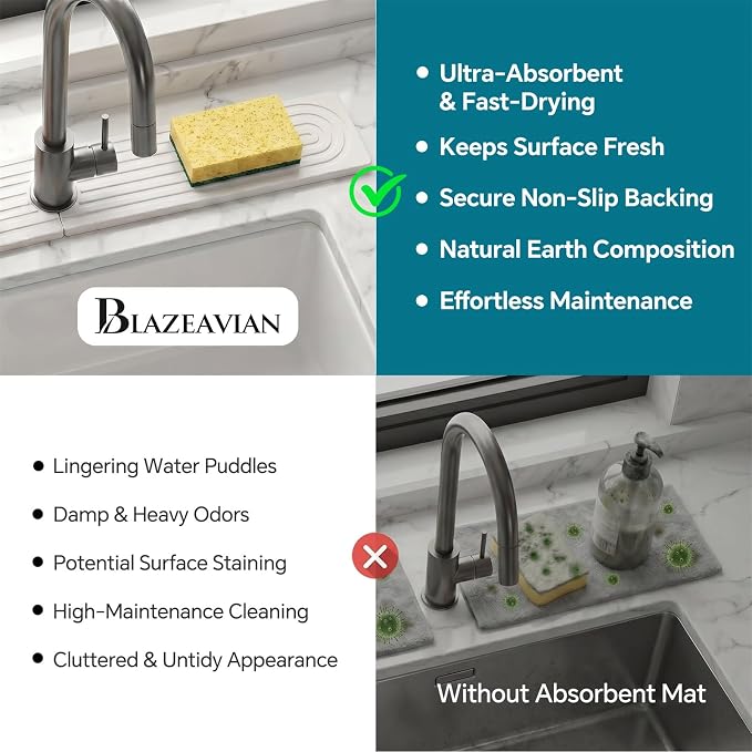 Stone Faucet Mat for Kitchen Sink-Diatomite Drying Stone Mat& Sink Protector,Quick Dry Water Absorbing Stone Tray ,Sink Splash Guard for Kitchen Counter & Bathroom Counter (Dark Grey, 15.7"x3.9")