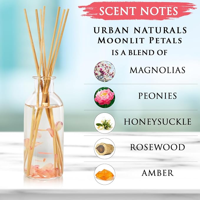Reed Diffuser Set, Moonlit Petals - Bathroom Shelf Décor | Magnolias, Peonies, Daisies, Honeysuckle, Pear & Rosewood, Great Gift Idea for Mom, Grandma, Aunt, Wife or Sister