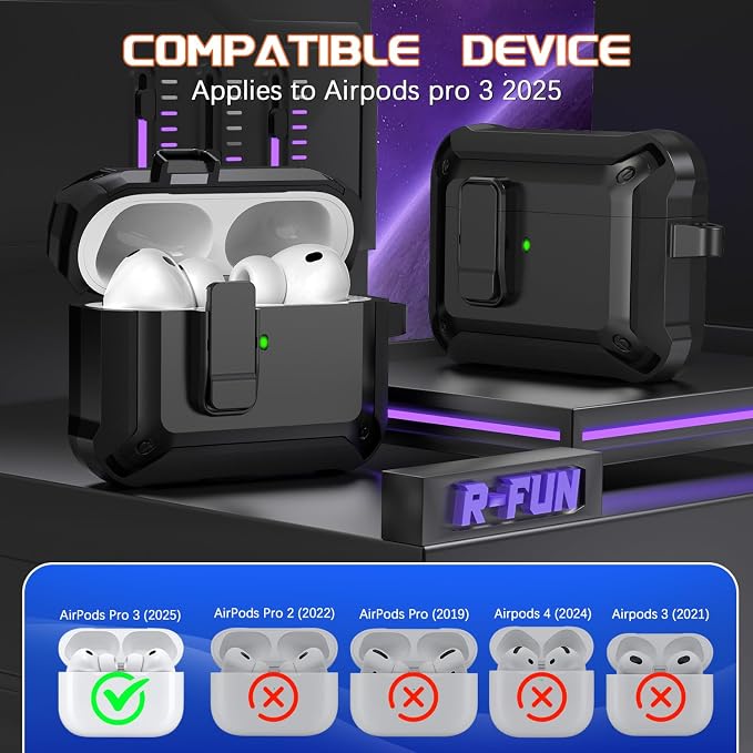 for AirPods Pro 3 Case with Lock Magnetic Lid, Black | Compatible Apple AirPods Pro 3, Compatible MagSafe, Protective Case with Cleaner Kit & Carabiner, Powerful Drop Protection