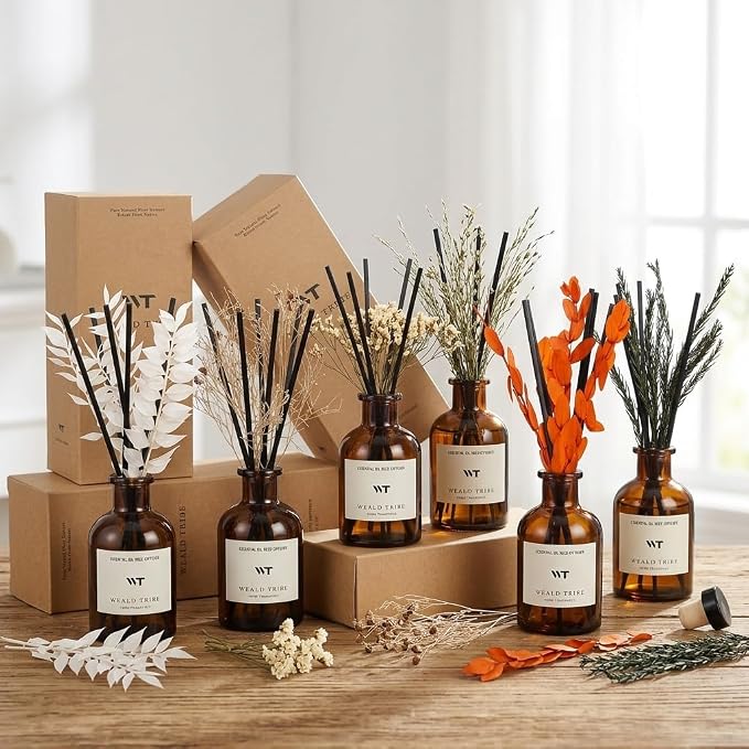 Flower Reed Diffuser Set Clean White Linen Scent for Bathroom Air Fresheners | 4.0 fl oz Essential Oils with Sticks Home Fragrance Defusers | House Bedroom Office Shelf Decor & Gift