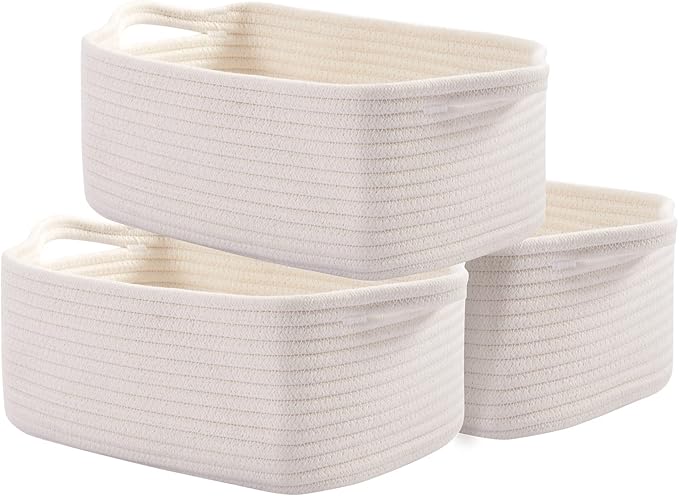 OIAHOMY Cotton Rope Storage Baskets | Decorative Storage Basket for Closet Storage, Home Organizing Bins and Nursery Decor | Cotton Rope Woven Baskets for Storage Shelf, Pure and White
