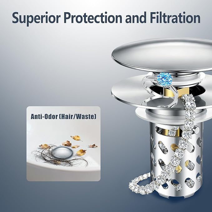 Bathroom Sink Stopper Pop-Up Sink Drain Strainer Hair Catcher | Universal 1.1"-2.17" Drains, Brass Core & Stainless Steel Mesh, Hair Catcher 2 in 1 bathroom Sink Stopper Strainer
