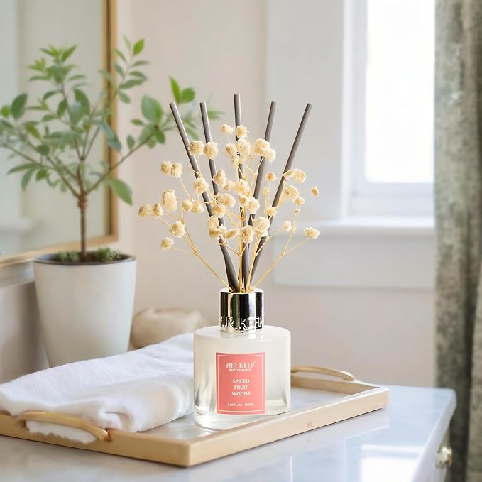 Reed Diffuser Set,3.38 fl oz (100 ml) - Spiced Fruit Woods Oil Diffusers with 8 Reed Sticks, Home Fragrance Reed Diffuser for Bathroom Shelf Decor