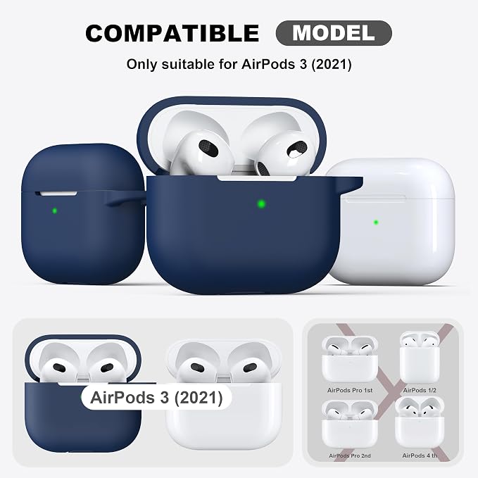 R-fun Compatible with AirPods 3 Case Cover, Silicone Protective Accessories Skin with Keychain Compatible with Apple AirPod 3rd Generation 2021 for Women Men Girls Boys,Front LED Visible,Midnight blue