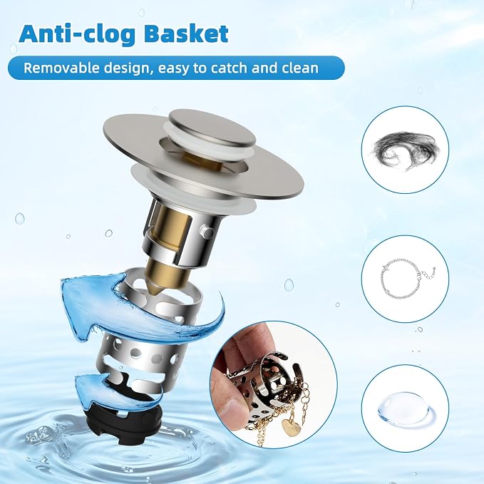 Universal Bathroom Sink Drain Stopper Hair Catcher, Brushed Nickel | Upgraded with 2-Layer Detachable Filter Basket, 4 in 1 Pop Up Drain Strainer, Anti-Clog, Fit for 1.1''~2.36'' Sinks