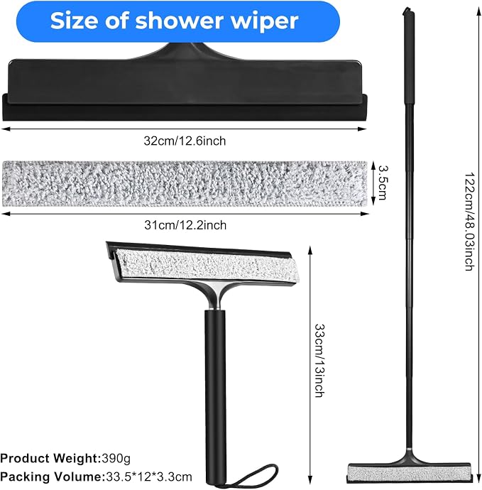 wlich Shower Squeegee with Long Handle, Telescoping Window and Floor Wiper | Silicone Blade, 9.45-48.03 In Extendable Pole, Washable Replaceable Pads, For Glass, Mirrors, Tile, Bathroom, Smooth Floors