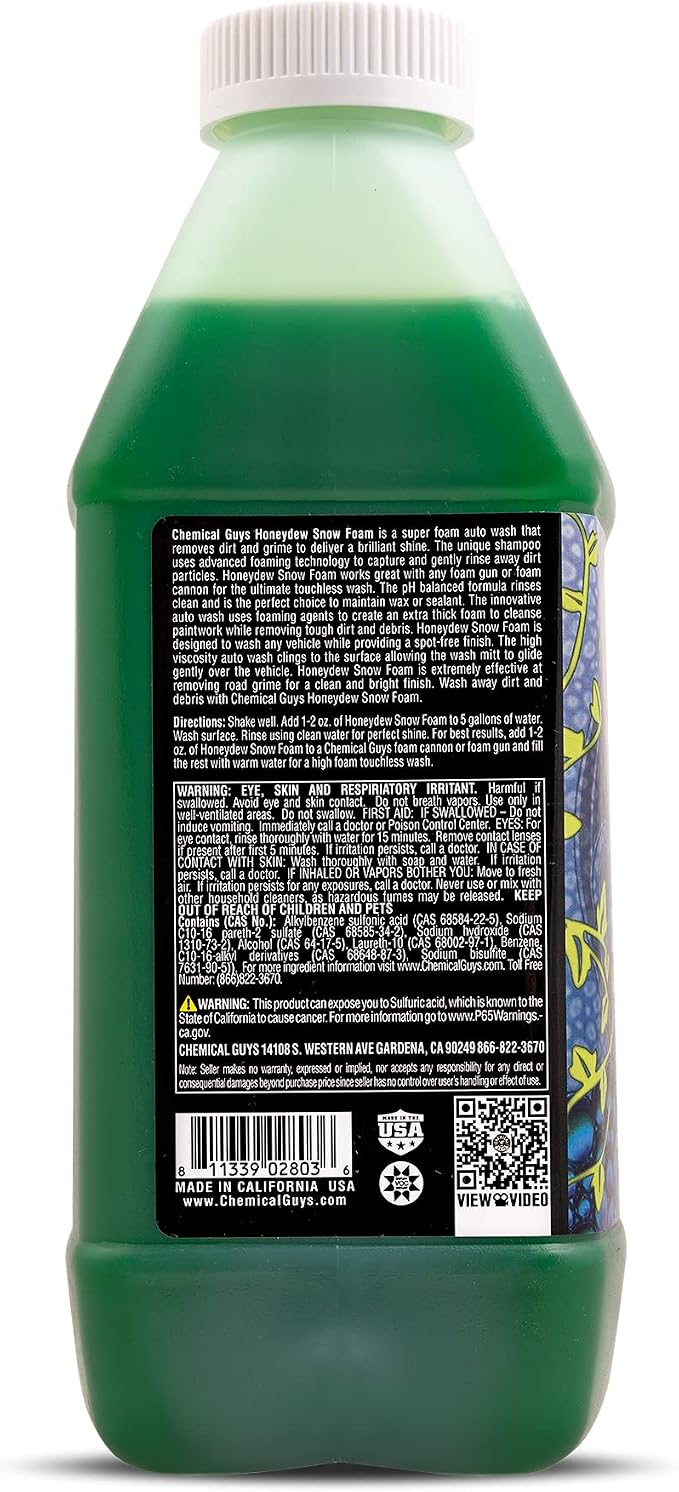 Chemical Guys, Honeydew Snow Foam Car Wash Soap for Foam Cannons, 64 oz | High-foaming pH-balanced suds for cannons, guns or buckets, gentle on wax and coatings, fresh honeydew scent