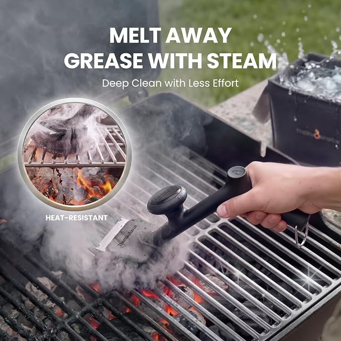 ThermoMaven Bristle-Free BBQ Grill Brush - No Wire Risk Steam Cleaner Removes Burnt Grease Fast - 17" Cool-Touch Handle, Scraper & 3 Replaceable Heads for Gas, Charcoal & Cast Iron