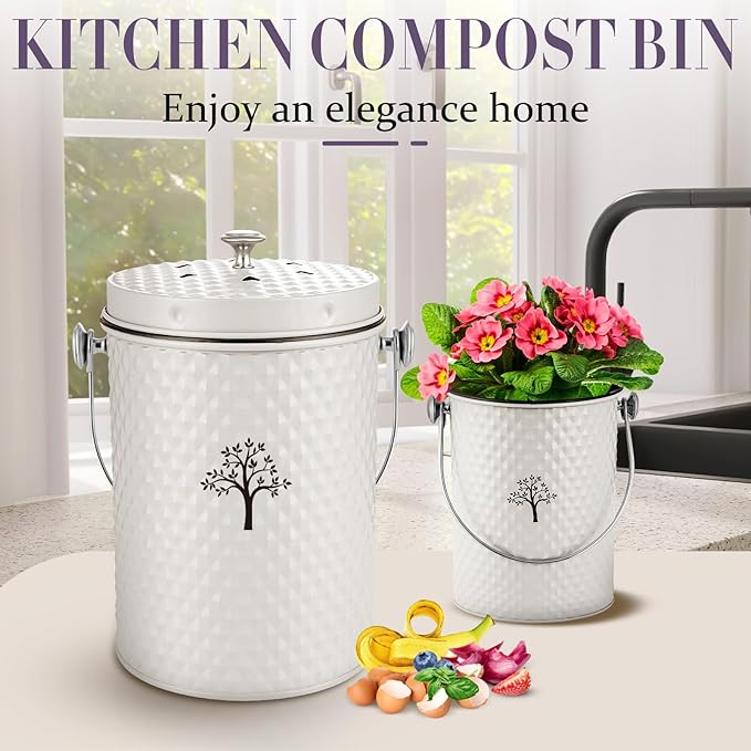 AOSION Countertop Compost Bin Kitchen,Odorless Indoor Compost Bin with Lid and Compost Bags,Compost Bucket Composter Container for Food Waste,Creamy White