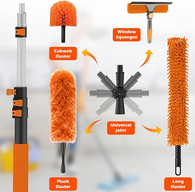 25FT Reach High Ceiling Duster Kits with 5-20FT Adjustable Pole - Includes Extra Long Duster, High Ceiling Duster, Rotatable Window Squeegee & Cobweb Duster for Ceiling Fans and Whole House Cleaning