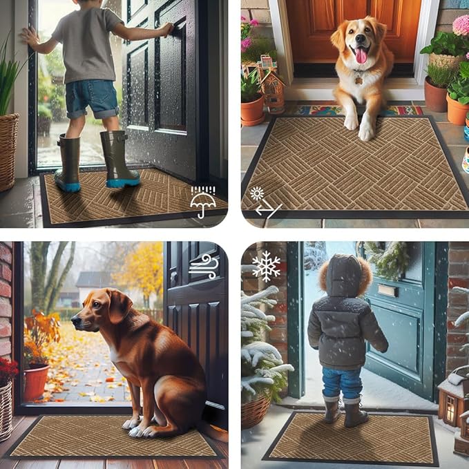 Smiry Front Door Mat Outside Entrance, Heavy Duty Outdoor Indoor Natural Rubber Doormat, Non Slip, Trap Dirt and Moisture, Easy Clean, Low Profile Patio Porch Entryway Mat, 29.5x17, Coffee