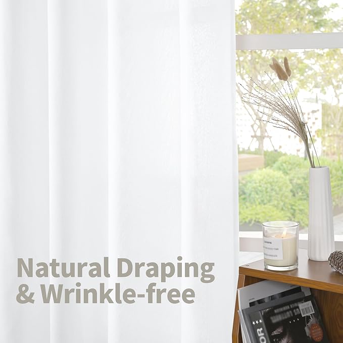 YoungsTex White Linen Curtains 80 Inch Length for Living Room, Light Filtering Semi Sheer Window Drapes Rod Pocket Back Tab Curtain for Bedroom Office Rustic Privacy, 2 Panels, 52 X 80 Inch