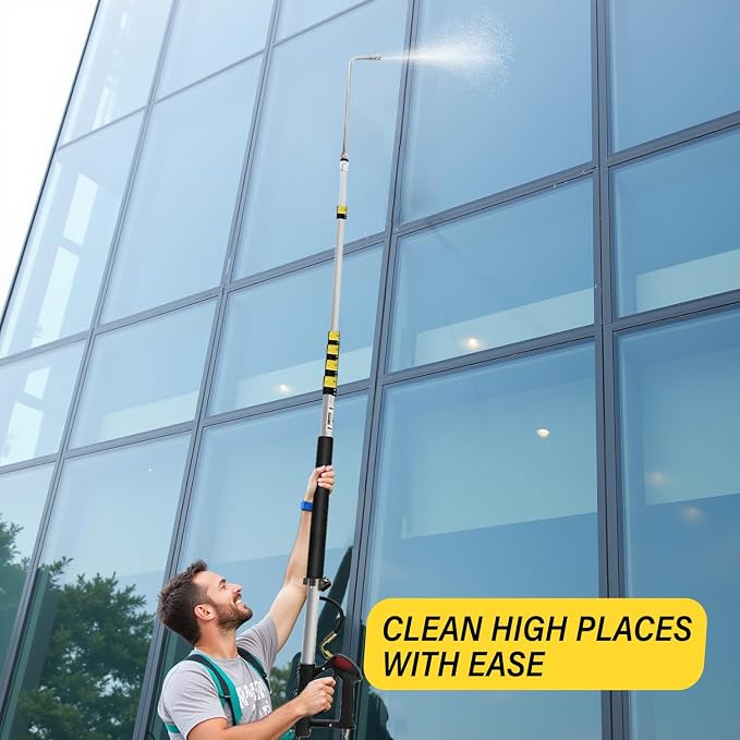 25 FT Pressure Washer Telescoping Wand with Extension Wands | Gutter Cleaner Attachment, 7 Spray Nozzle Tips, 2 Hose Inlet Adapters, Pivoting Coupler and Support Harness