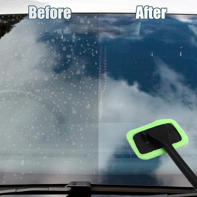 Car Window Cleaner Kit, Green | Windshield Cleaning Tool, Extendable Long Handle, 2 Washable Reusable Microfiber Pads