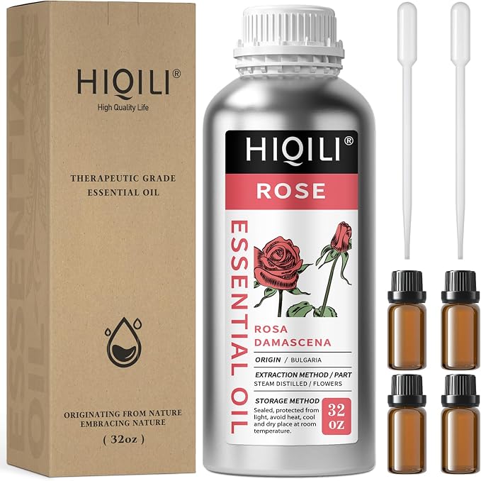 HIQILI Rose Essential Oil Large Capacity for Skin Care & Body Massage | Ideal for Perfume Blending, Candle Making, Diffuser, Hair Care, Oil Soluble, Soft Romantic Scent - 1000mL / 32 fl.oz