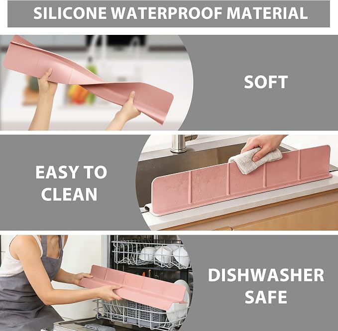 23Inch Sink Splash Guard – Extended Length & Tall Silicone Kitchen Sink Splash Guard with Overhang Drainage Design & Strong Suction Cups for Countertop (Lotus Pink, 23''x3.5'')