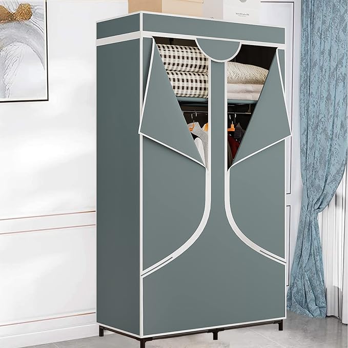 SORCEDAS Portable Closet Wardrobe with Hanging Rods Shelves Clothes Storage | 34 Inch Closet Organizers and Storage with Non-Fabric Cover,Freestanding Clothes Closet for Bedroom,dorm,Storage Rooms Grey