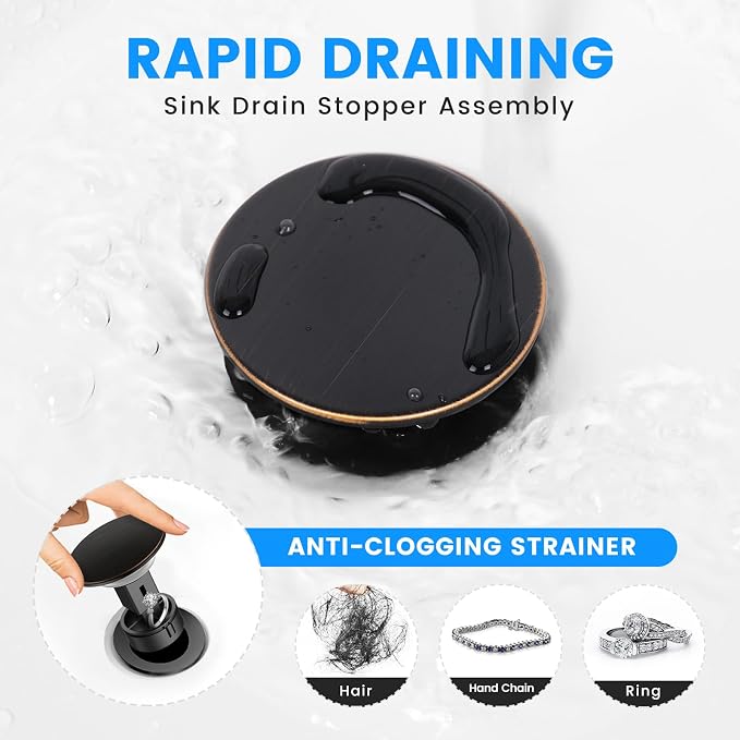 Bathroom Sink Drain with Overflow with Hair Catcher Anti-Clog Sink Strainer | Hurran Bathroom Sink Stopper for 1.75" Hole, Plastic Pop-up Drain for Bathroom Vanity Vessel Sink, Oil Rubbed Bronze, 2 Pack