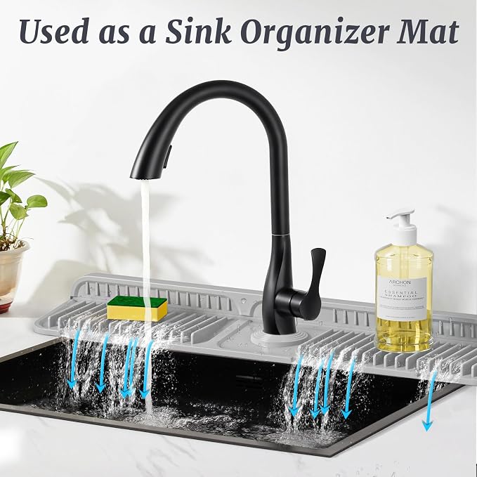PoYang 24 inch Faucet Mat for Kitchen Sink Splash Guard, 7° Slope Silicone Sink Water Splash Guard for Kitchen Sink Area with Snap, Longer Sink Protectors for kitchen Sink Sponge Holder, Light Grey