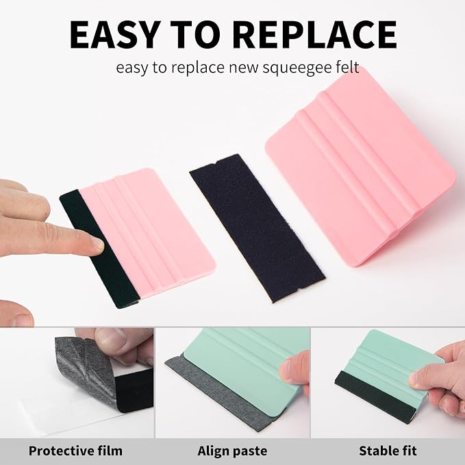 2 Pcs Felt Edge Squeegee 4 Inch Teal and Pink | Extra 2 Felt Replacements, Non Slip Plastic 4 Inch Squeegee, Scratch Free Bubble Elimination, for Car Wrap Window