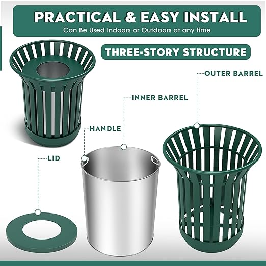 8Gallon/30L Commercial Outdoor & Indoor Metal Trash Can, Outdoor Slatted Trash Receptacle with Metal Linner, All Weather Resistant Large Outside Zone Round Garbage Bin for Street, Park, School - Green