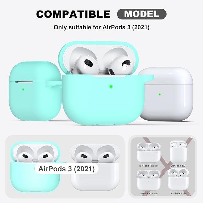 R-fun Compatible with AirPods 3 Case Cover, Silicone Protective Accessories Skin with Keychain Compatible with Apple AirPod 3rd Generation 2021 for Women Men Girls Boys,Front LED Visible,Glow Blue