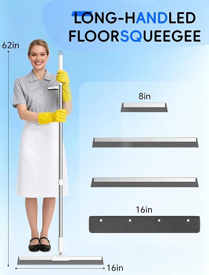 Floor Squeegee Broom with Long Handle, Heavy Duty Rubber Squeegee Kit, Scrubber for Tile Floor, Garage, Concrete with 2 Long Handles, 2 Squeegee Heads & 1 Cloth (Textured Blade 2-Pack)