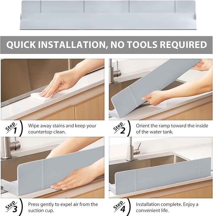 Full-Coverage Sink Splash Guard – 27.6 Inch Extra-High Ramp with Super Strong Suction Cups, Silicone Sink Splash Guard with Front-Edge Storage for Kitchen (Grey, 27.6''x4.7''x2.8'')