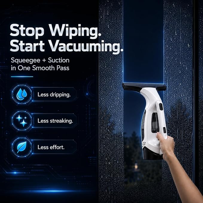 Window Vacuum Squeegee with Long Handle, Cordless Window Vacuum Cleaner, Electric Window Cleaner and Shower Glass Cleaner for Mirrors, High Windows, Tiles, Car Windows, 3000Pa, Type-C(Black)