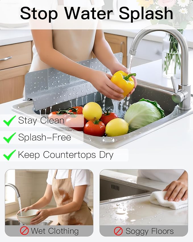 23 Inch Silicone Sink Splash Guard - Kitchen Sink Water Splash Guard with Strong Suction Cups, Removable Splash Guard for Sink, Washbasin & Bathtub - Gray