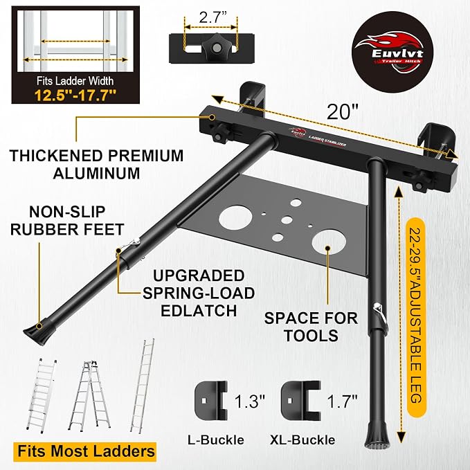 Extension Ladder Stabilizer, Extended Ladder Standoff with Tool Tray | Lightweight Aluminum Ladder Accessory for Roof Gutters, Walls ＆ Windows, Anti-Slip Rubber Feet, Adjustable Length 22 - 29.5"