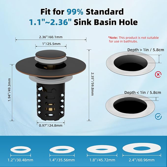 Universal Metal Bathroom Sink Drain Strainer Hair Catcher Upgraded 3 in 1 Pop-up Sink Stopper, with Detachable Stainless Steel Filter Basket, Fit Standard 1.1''~2.36'' Basin Hole, Oil Rubbed Bronze