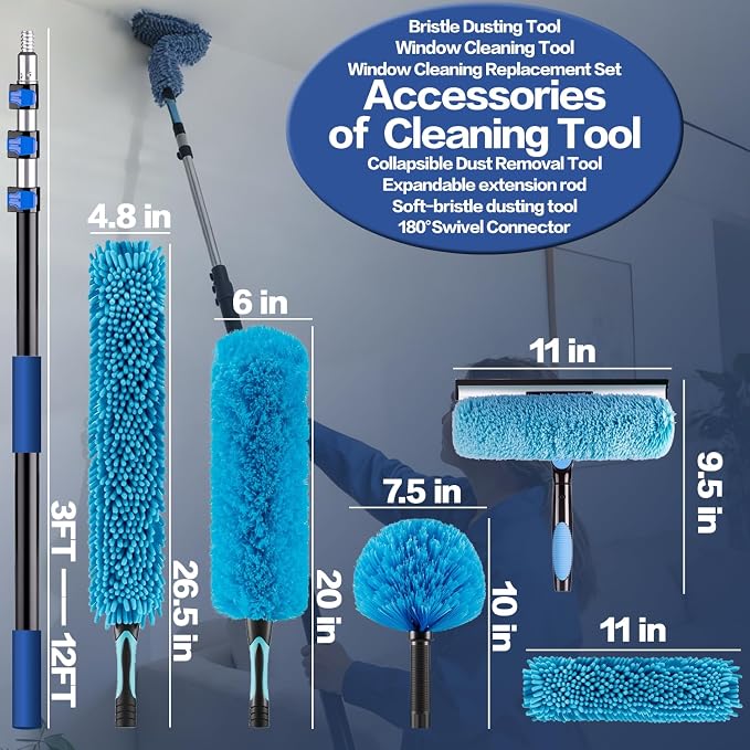 20FT High Reach Duster Cleaning Kit with 5-12 FTExtension Pole, High Ceiling Fan Cleaner Duster Tool for Fan Blades, Extendable Reusable Cobweb, Feather, Window Cleaning Squeegee Kit (12FT)