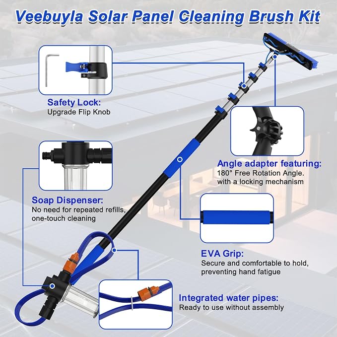 30FT Reach Solar Panel Cleaning Brush Kit with 5-24FT Telescoping Pole, 40FT Hose, 20" Water Fed Brush, Soap Dispenser, Cobweb Duster, Squeegee & High Ceiling Duster for Roof, RV, Gutter, Boat, Deck