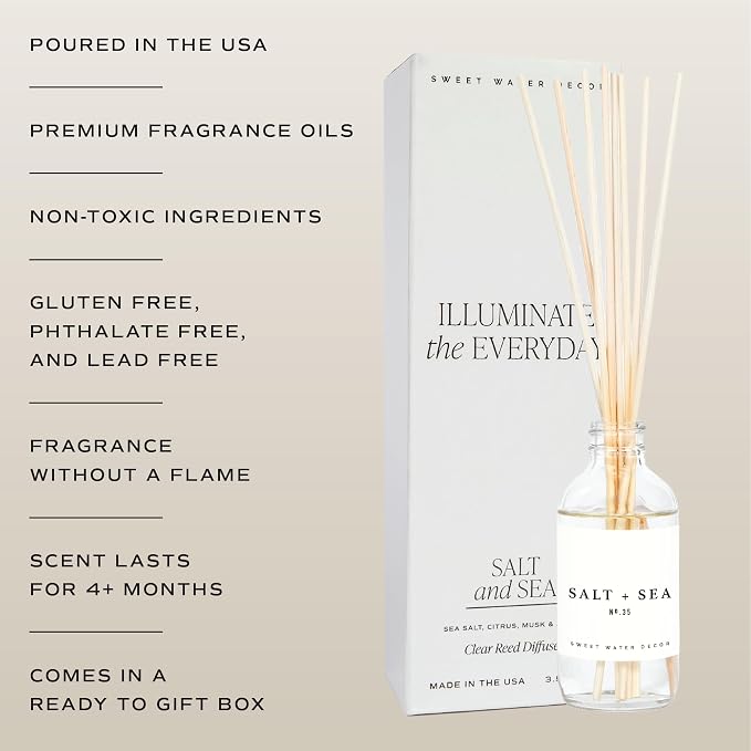 Sweet Water Decor Salt & Sea Reed Diffuser Set - Sea Salt Citrus & Musk Amber Scent Diffuser - Reed Diffusers for Home with Long Lasting Fragrance - Non-Toxic Oil Reed Diffuser - Made in the USA